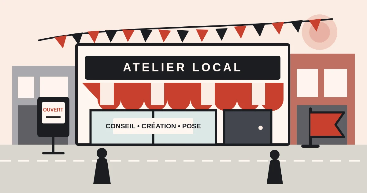 Illustration d’une façade de commerce avec enseigne, vitrine, fanions et signalétique cohérente