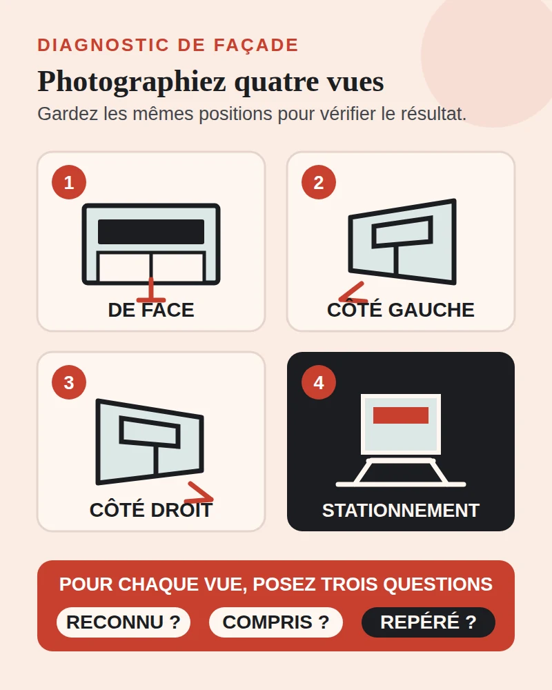 Méthode de diagnostic : photographier la façade de face, depuis la gauche, depuis la droite et depuis le stationnement, puis vérifier si le commerce est reconnu, compris et repéré